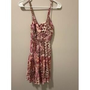 ANGIE Paisley Print Mini Dress Spaghetti Straps Ruffle Front Pink Size S